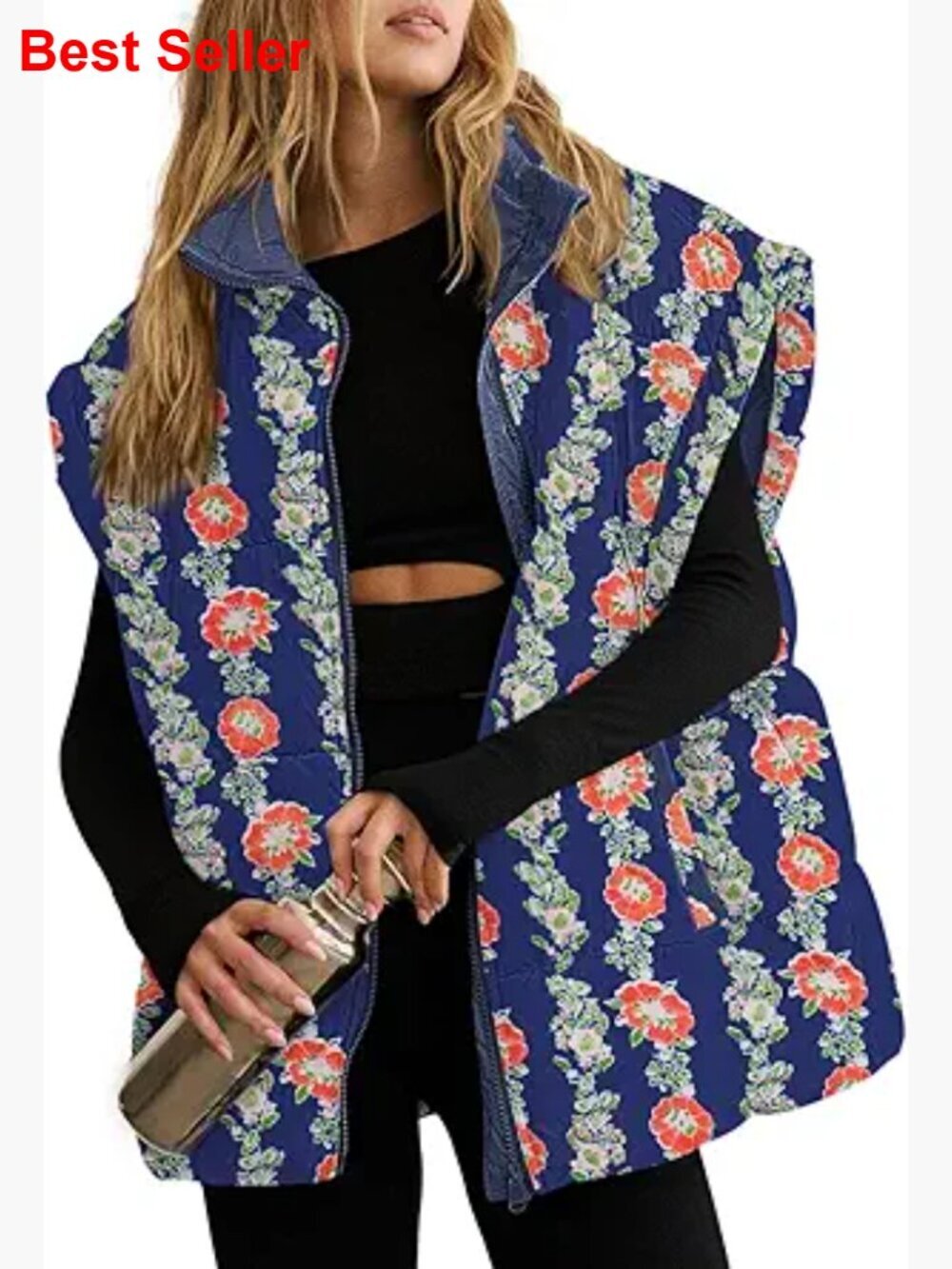 Floral Oversized Puffer Vest with Cap Sleeves, Polyester, Quilted